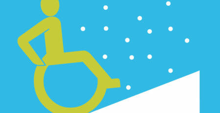 Grafische Darstellung eines Rollstuhlfahrers auf einer Rampe bei Schnee