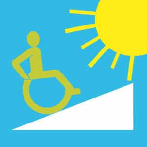 Symbole: Rollstuhlfahrer, Rampe und Sonne