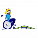 Barrierefreiheit: Rollstuhlfahrerin vor einer Schwellenrampe