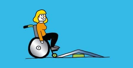 Grafik: Person im Rollstuhl überwindet Schwelle mit Rampe.