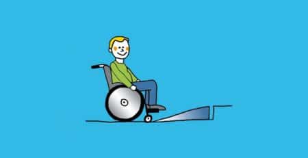 Grafik: Rollstuhlfahrer vor Stufenrampe