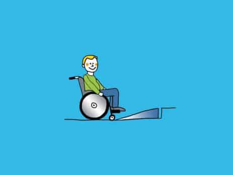 Grafik: Rollstuhlfahrer vor Stufenrampe
