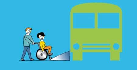 Grafik: Rollstuhlfahrer mit Hilfsperson fährt über Rampe in Fahrzeug