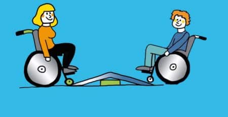 Grafik: Zwei Rollstuhlfahrer stehen sich vor einem Podest gegenüber.