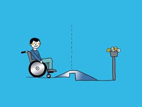 Grafik: Rollstuhlfahrer vor höhenverstellbarer Rampe