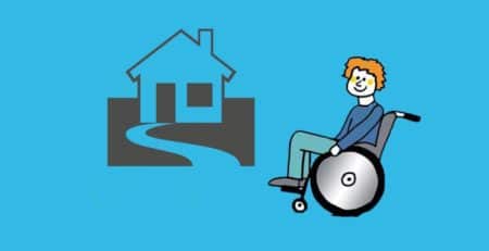 Grafik: Rollstuhlfahrer vor Haus