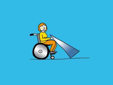 Grafik: Rollstuhlfahrer mit mobiler Rampe in der Hand
