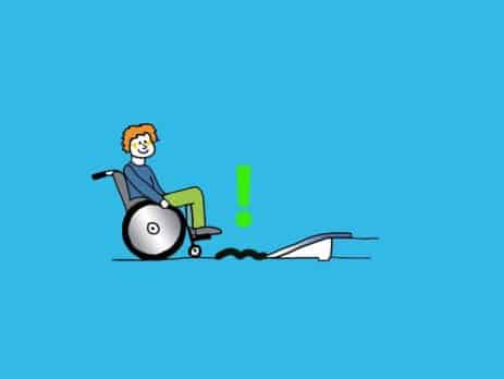 Grafik: Rollstuhlfahrer vor Rampe mit unebenem Untergrund